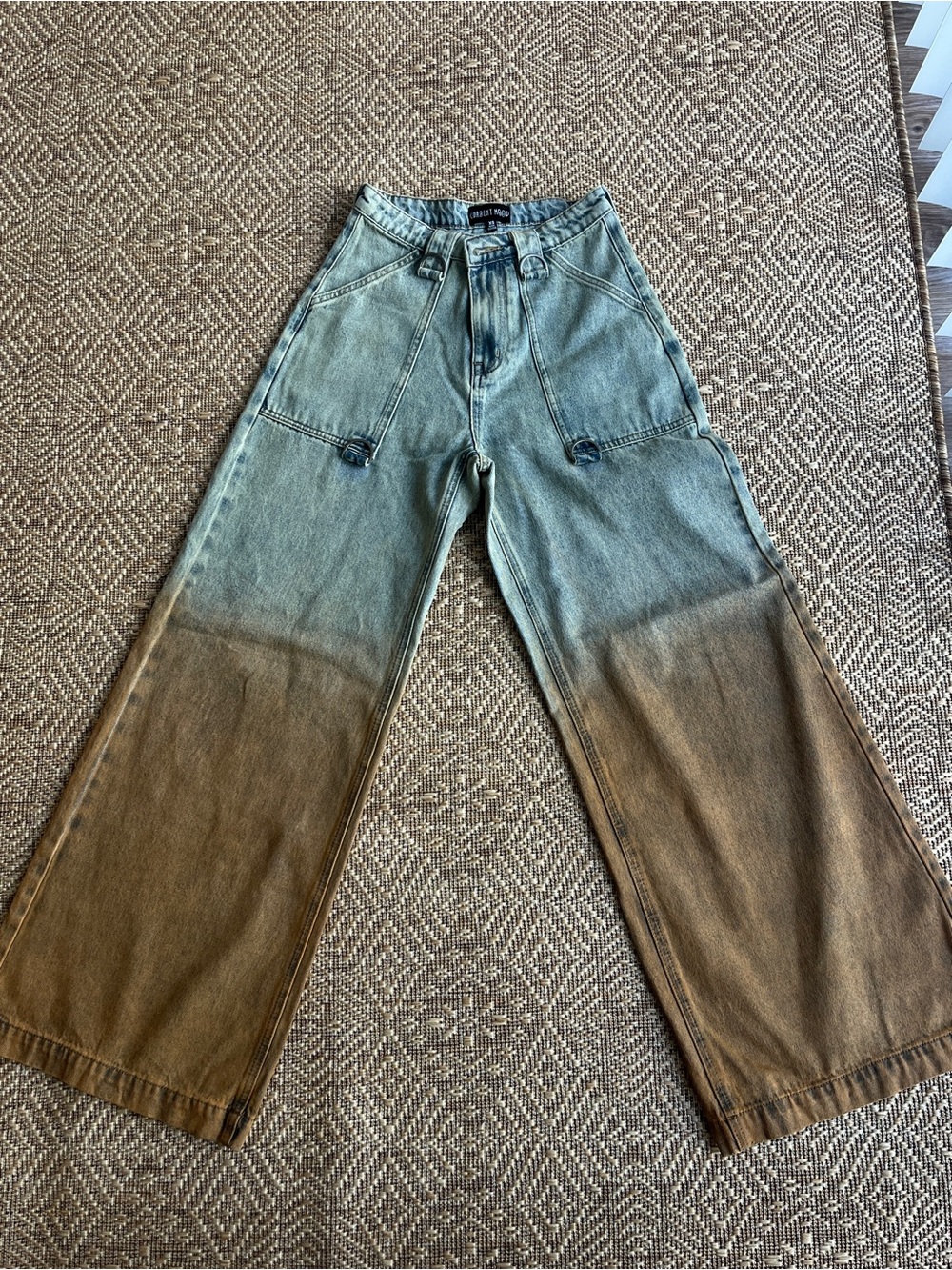 Current Mood Two-Tone Washed Wide Leg Jeans - Green & Brown
